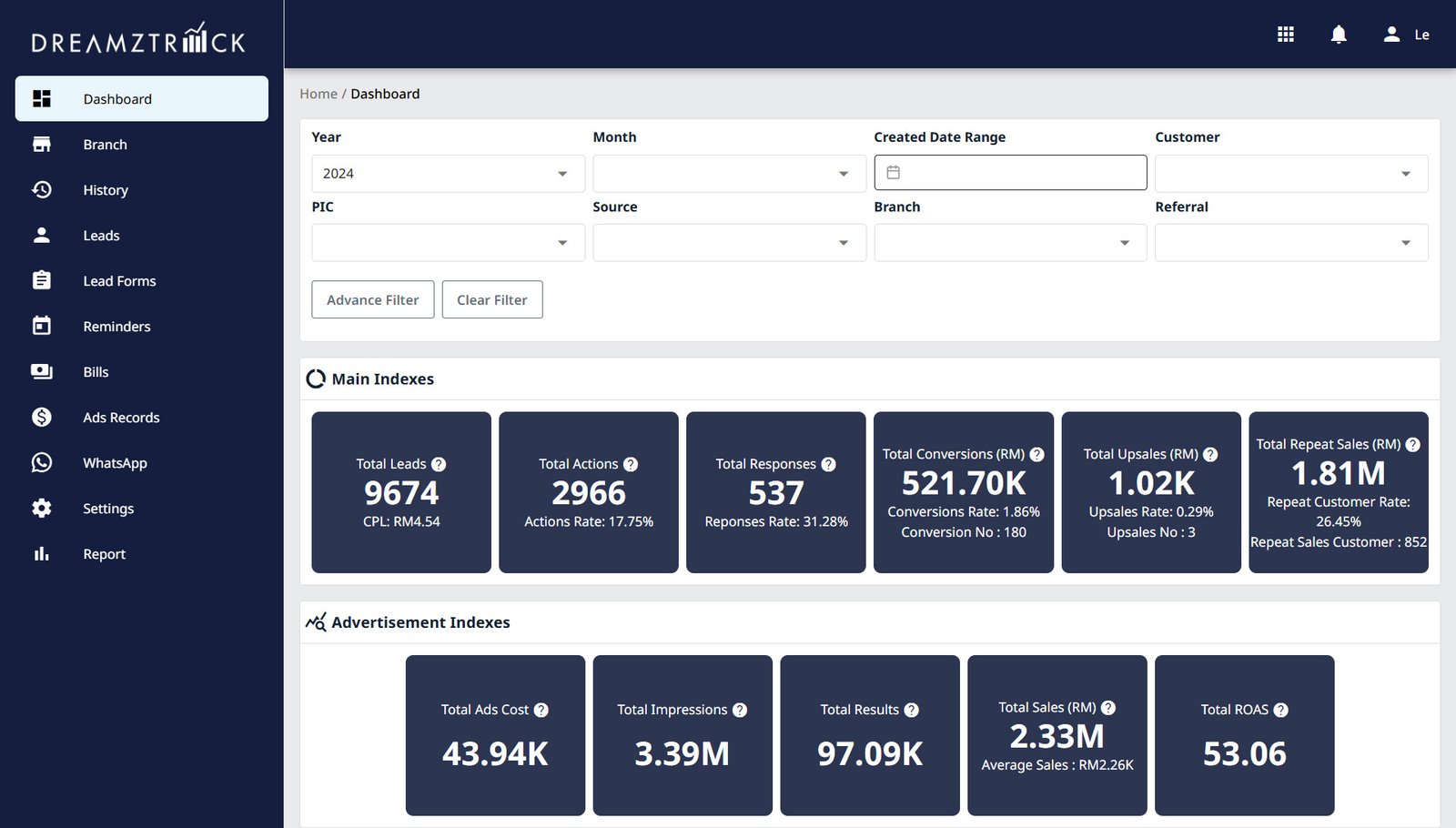 DREAMZTRACK dashboard