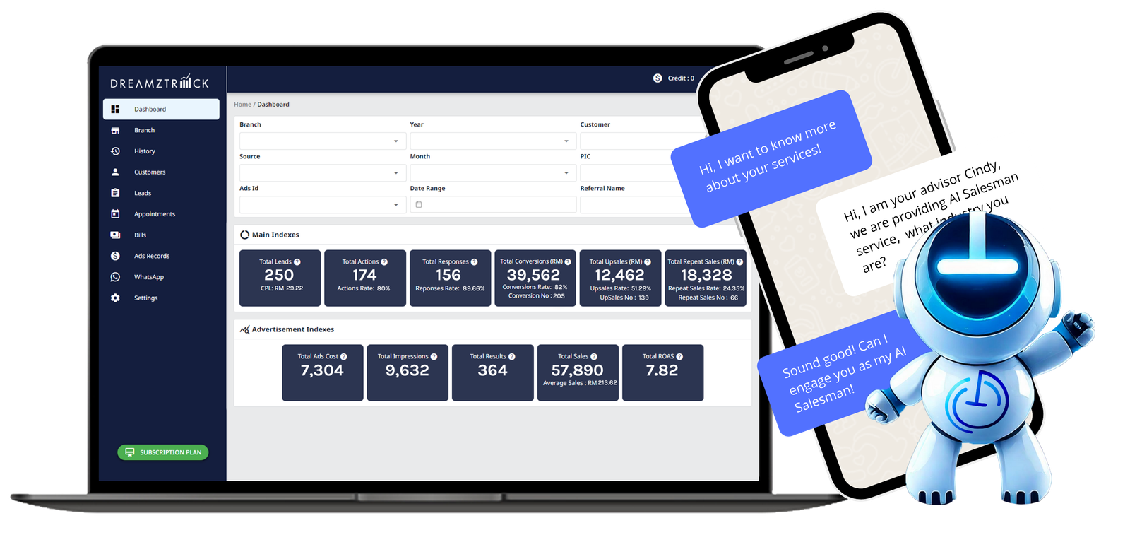 Dreamztrack dashboard and WhatsApp AI Salesman